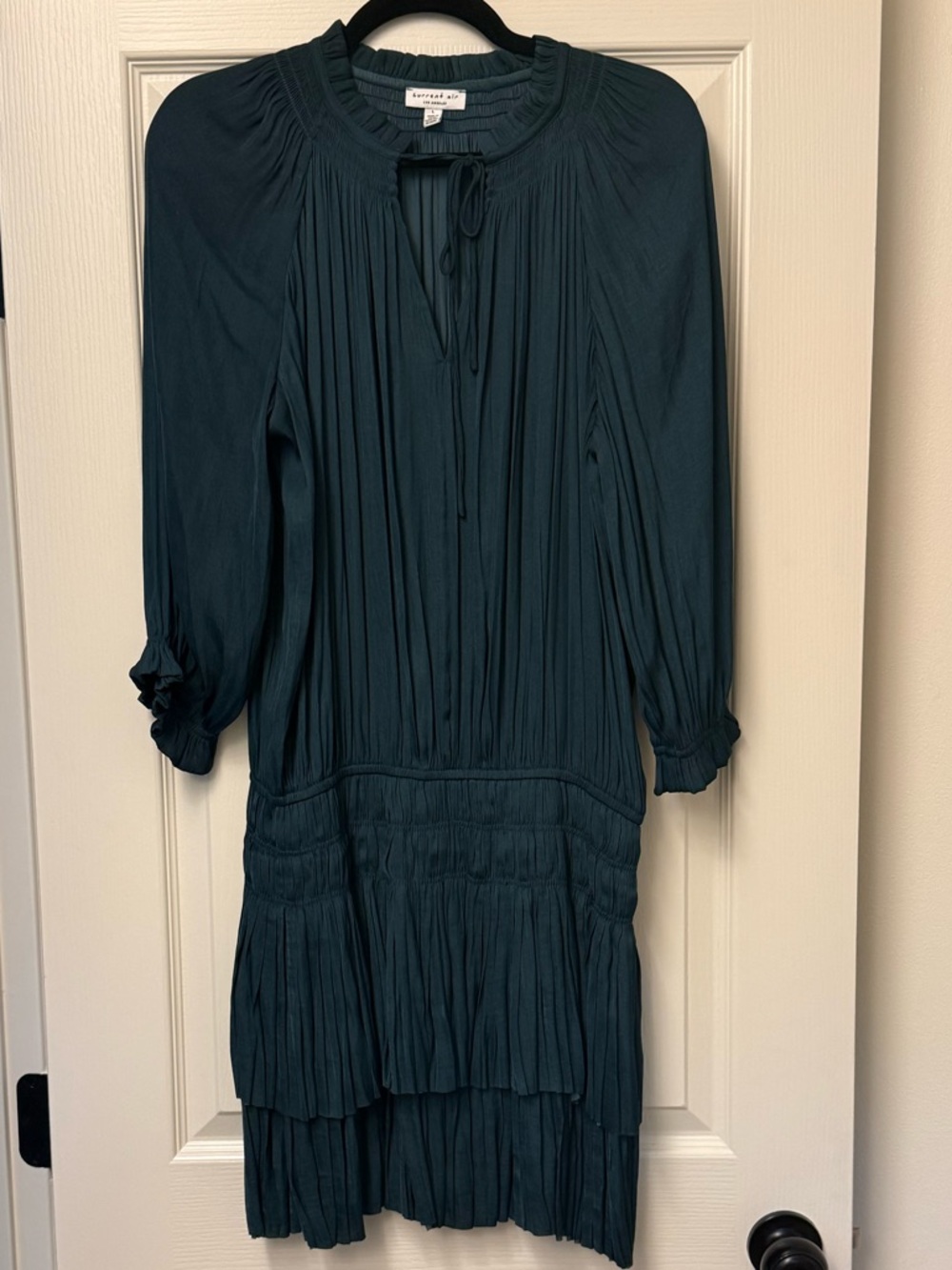 Anthropologie Current Air Teal Long-Sleeve Pleated Tiered Dress